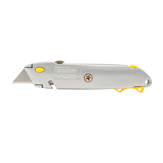 The STANLEY 6-3/8 in Quick Change Retractable Utility Knife, shown closed, features a silver and yellow metallic body with visible screws and a ridged thumb grip for improved control.